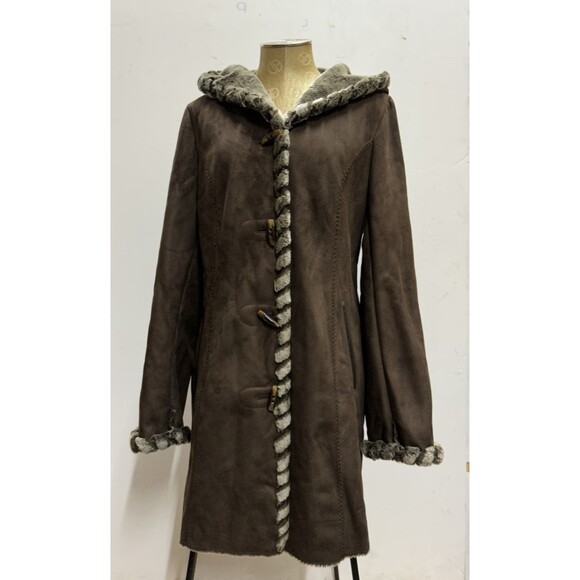 Jones New York women size M brown faux suede faux fur fall  winter hooded coat - Picture 1 of 13